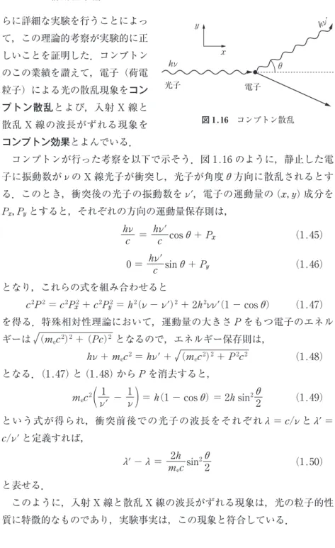 図 1.16 コンプトン散乱hoi h o ′光子電子xらに詳細な実験を行うことによっyて，この理論的考察が実験的に正しいことを証明した．コンプトンのこの業績を讃えて，電子（荷電粒子）による光の散乱現象をコンプトン散乱とよび，入射 X 線と 散乱 X 線の波長がずれる現象を コンプトン効果とよんでいる． コンプトンが行った考察を以下で示そう．図 1.16 のように，静止した電 子に振動数が ν の X 線光子が衝突し，光子が角度 θ 方向に散乱されるとす る．このとき，衝突後の光子の振動数を ν '，電子の