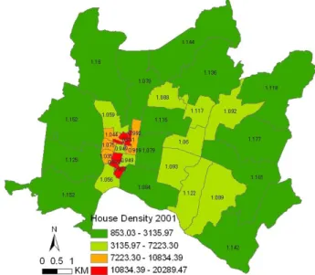 Figure 3: NDVI (1999) and house density per square km  Note: The numbers in the both maps are NDVI score