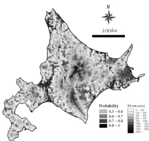 Fig. 2. A map of probabilities of occurrence of mink on  Hokkaido, Japan 