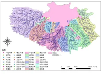 図 4  足立区における最寄橋梁圏  表 1  橋梁・道路を通る徒歩帰宅者数  橋梁・道路 徒歩帰宅 者数（人） 割合 町丁目数 面積（㎢） 千住大橋 49,258 56.10% 392 37.09 綾瀬橋 7,248 8.25% 133 13.49 新豊橋 6,385 7.27% 134 21.61 新神谷橋 5,324 6.06% 323 66.80 都道461号線 4,151 4.73% 106 21.86 堀切橋 3,438 3.92% 92 21.00 環状7号線 3,407 3.88% 126 