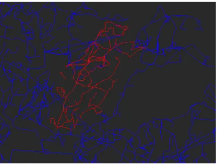 図  5.7  船橋新京成バスのネットワーク  図  5.8  船橋新京成バスの次数分布  図 5.5 と図 5.7 を比較すると，前者は一部で格子状のネットワークを構築しているのがわ かる．また，中央下部ではネットワークがかなり密となり，高次数の停留所が多くあるこ とが窺える．後者は中央に高次数のハブとなる停留所が存在することがわかる．また，単 一の路線が長く，路線の交差が少ない．連結している停留所が 2 つしかないような停留所 が多く存在することがわかる．  次に，上記 2 つより規模の大きいネットワー