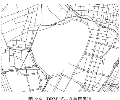 図  2.8  DRM データ皇居周辺  STEP 1  DRM データから 12 時間交通量の属性を持ち，高速道路に該当し ないリンクのみを抽出する．このとき，使用されないノードは削除 する．この操作により，ノード数は 10,651，リンク数は 11,378 と なる．  STEP 2  図  2.9 のように交差点を表現するノードを両端点に持つリンクを 1 つのノードに縮約する．縮約によって生じる自己ループは削除する． この操作により，ノード数は 4,294，リンク数は 7,022 となる．  図  2