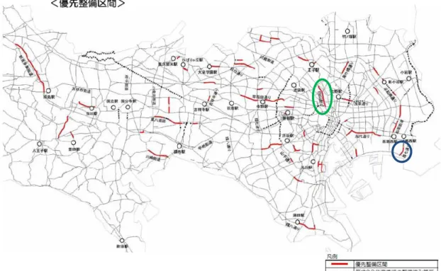 図  2.13  東京都自転車走行空間の優先整備区間（[22]より引用）  2.5.2  優先整備区間の現状と整備後の BCI の計算 図  2.13 のうち，東京 23 区の優先整備区間に該当する道路の現状の BCI と自転車通行帯 を整備した場合の BCI を計算する．優先整備区間の東京 23 区の該当路線は 37 か所 29 路 線で道路距離の合計は約 78km である．  優先整備区間のうち，図  2.13 の緑色で囲まれた都道 301 号白山祝田田町線と青色で囲ま れた都道 318 号環状 7号線