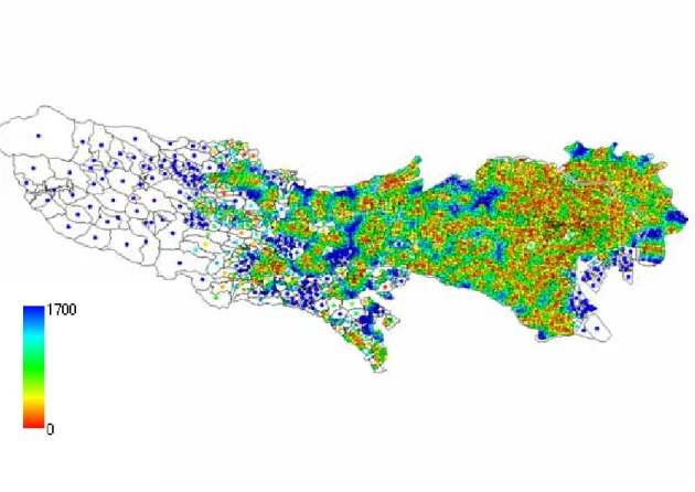 図 4.4  全病人が病床を有している病院に着くまでの最短距離分布(病人:0.09%) 