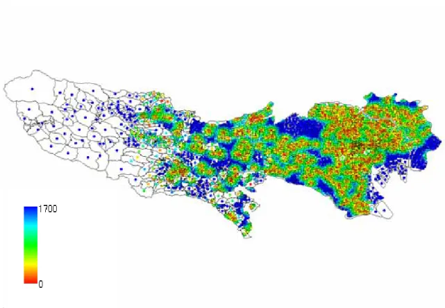 図 4.6  全病人が病床を有している病院に着くまでの最短距離分布(病人:0.27%) 