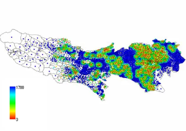 図 4.8  全病人が病床を有している病院に着くまでの最短距離分布(病人:0.45%) 