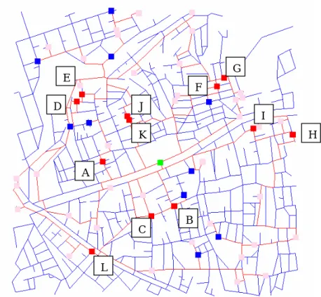 図 3.5   複数の Leader が通過する Follower 発生ノード 表 3.3   Follower の人数の再配分結果 ノード  Leader 番号  人数の変化  ノード Leader 番号 人数の変化  2  5  →  0  5  1  →  1  A  3  3  →  8  G  6  4  →  4  1  2  →  0  7  2  →  4  B  4  4  →  6  H  8  2  →  0  1  5  →  0  7  6  →  6  C  4  0  →  5