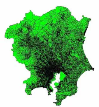 図  行政界 最後に，行政ノードとそれに最も近い道路ノードとの間に発生・集中リンクをはり，鉄道利用 者の発生と集中を表現する．ここで，発生・集中リンクのリンクコストを，ユークリッド距離 # を分速   #, 分  で割った所要時間  分  とする．  鉄道ネットワークの構築 本研究では，鉄道利用者の鉄道利用をネットワークを用いて考える．ここで，鉄道利用とは， 駅間の移動・駅での乗り換え・電車の待ちを総称したものである．具体的には，駅をノードとし， 鉄道利用をリンクで表現する鉄道ネットワークを構築する．   