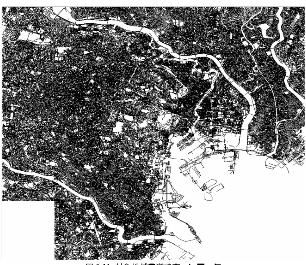 図 2.11  対象地域の道路ネットワーク 2.3 節で求めた標高値を道路ネットワークの各ノードに割り振る． 海部上にノードが 存在する場合は標高を -1m とした．式 2.1 を用いて各リンクの勾配を求めた．道路の勾 配が 5% 以上の道路リンクを図 2.12 に示す．       2.3.1 節でも述べたとおり，荒川の両岸から，沿岸部の江東区，江戸川区，墨田区， 葛飾区へと標高 0m 地帯が広がっていて，その地域の道路の勾配はなだらかなことがわ かる．また東京都の中心から西側は起伏が多い地形であり，勾配