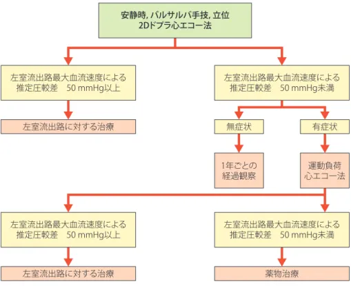 表 44 肥大型心筋症における経食道心エコー法（TEE）の 推奨とエビデンスレベル 推奨 クラス エビデンスレベル 臨床症状または TTE で閉塞性肥大型心 筋症が強く疑われるが，画質不良のため， 左室流出路および血行動態の観察が不十 分な場合に TEE を行う． I C 心筋切除症例における術中のモニタリン グとして TEE を行う． I C TTE：経胸壁心エコー法 3