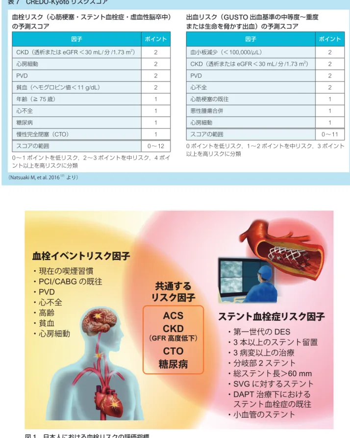 表 7 CREDO-Kyoto リスクスコア （Natsuaki M, et al. 2016  17） より） 血栓リスク（心筋梗塞・ステント血栓症・虚血性脳卒中）の予測スコア因子ポイントCKD（透析またはeGFR＜30 mL/分/1.73 m2）2心房細動2PVD2貧血（ヘモグロビン値＜11 g/dL）2年齢（≧75歳）1心不全1糖尿病1慢性完全閉塞（CTO）1スコアの範囲0〜120〜1ポイントを低リスク，2〜3ポイントを中リスク，4ポイント以上を高リスクに分類 出血リスク（ GUSTO 出血基準の中等
