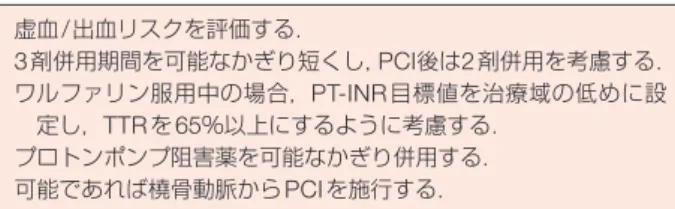 表 64    抗凝固療法施行例に対する PCI 周術期の出血を考慮 した処置 虚血 /出血リスクを評価する． 3剤併用期間を可能なかぎり短くし， PCI後は2剤併用を考慮する． ワ  ルファリン服用中の場合，PT-INR目標値を治療域の低めに設 定し，TTRを 65％以上にするように考慮する． プロトンポンプ阻害薬を可能なかぎり併用する． 可能であれば橈骨動脈から PCIを施行する． （Valgimigli M, et al