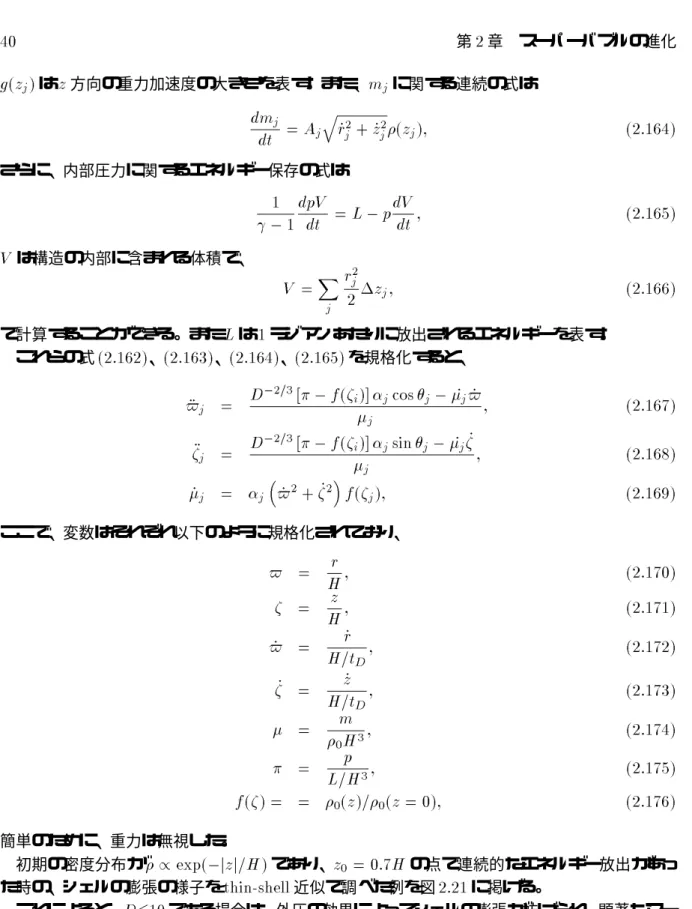 図 2.22 上は、 Thin Shell 近似を用いて調べたスーパーバブルのシェルの伝搬 (MacLow &amp; McCray