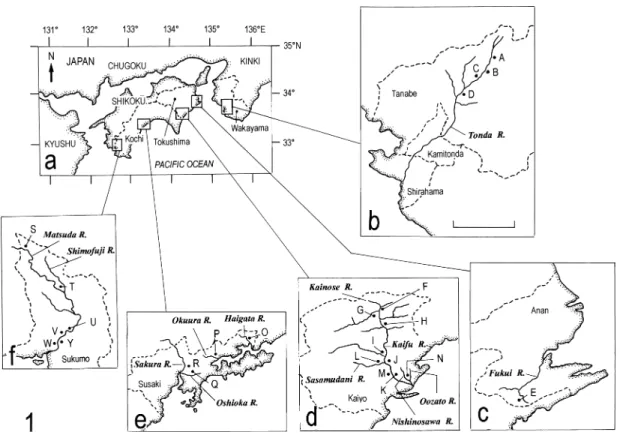 Fig. 1. Maps showing the prefectures, rivers, and sampling sites. Scale bar: 10 km.