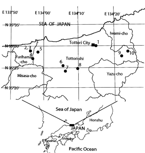 Fig.  1.  Map of collecting localities in Tottori Prefecture.