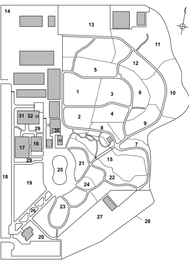 Fig. 1.  A map of Tsukuba Botanical Garden. Numerals indicate the areas and sections, and are given in the third  column in the list.