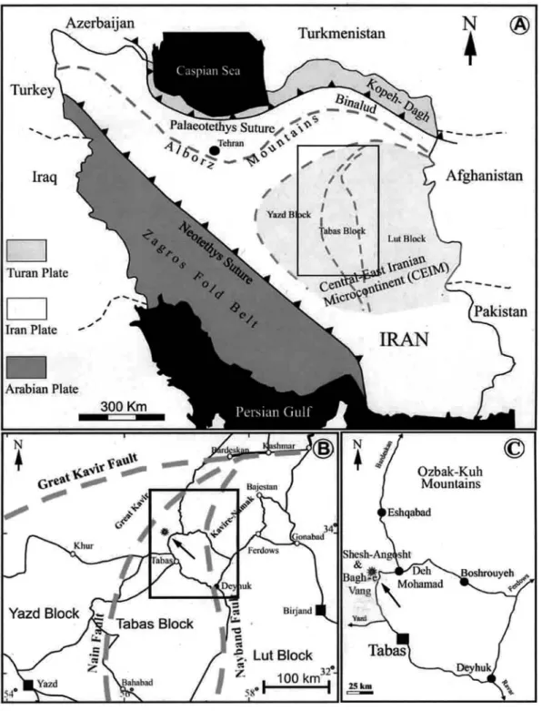 Fig.  1.  Maps showing geologic setting and geographic position of tabulate coral localities (modiﬁed from Badpa et al.,  2016)