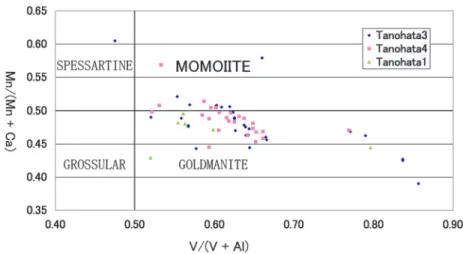 Fig. 6. Mn/(Mn  Ca) vs. V/(V  Al) diagram in V-rich garnets including momoiite.