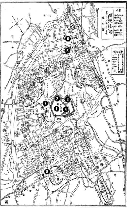 図 2. 熊本城付近での図 1 の写真が撮影されたと思われる場所．今村(1920) に加筆．