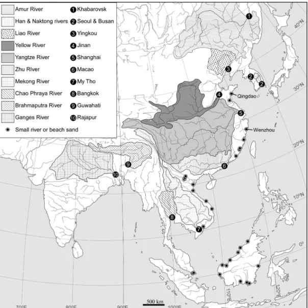 Fig. 2.　Sampling localities of sands from the rivers in Asia. The age data of the sands were already published by  Yokoyama et al., 2007, 2008, 2010a, 2010b, 2012 &amp; 2015).