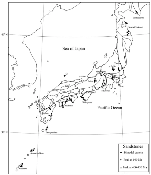 Fig. 3.　Sampling sites of sandstones in the accretionary complexes including previously studied sites.