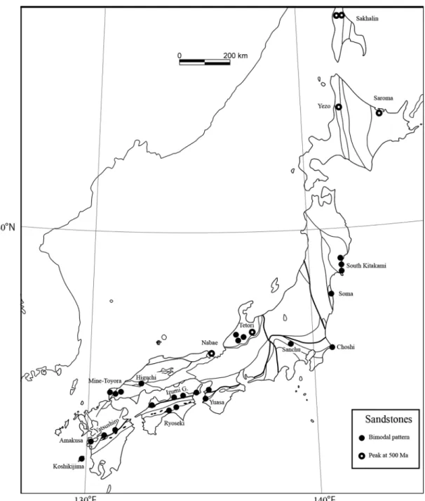 Fig. 4.　Sampling sites of sandstones in the non- and shallow-marine sequences including previously studied sites.