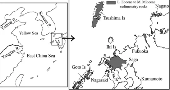Fig. 1. Map showing sampling regions in the northern Kyushu and western Chugoku provinces; Tsushima  Islands, Goto Islands, Nagato area and Nagasaki area.