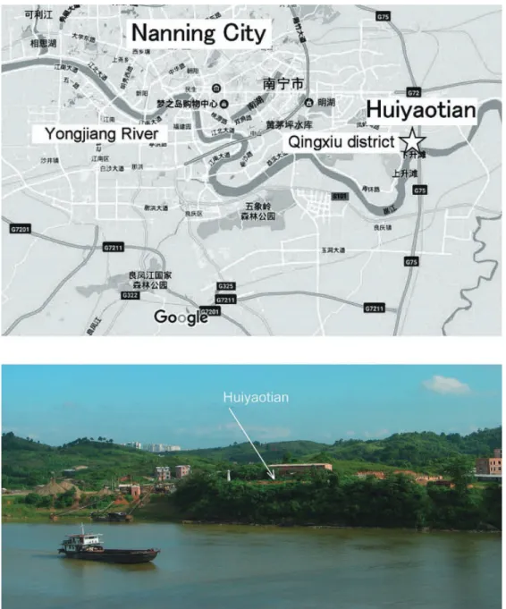 Figure 2-1.  The location of Huiyaotian site (upper image; map data: Google), and  its setting a viewed from across the Yongjiang River (lower image).