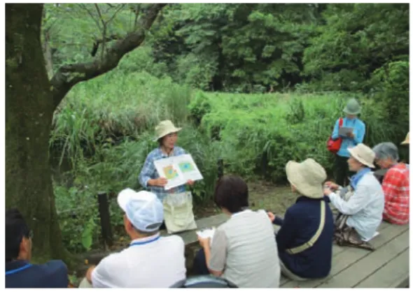 図 10 園内の維持管理作業図 9 小学校理科学習指導要領の講義 図 8 夏の園内案内実践・振り返り図 7 園内案内：自然観察指導者研修（夏） 図 12 完成して集合写真図 11 工作（体験）：クリスマスリース作り