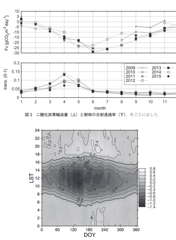 図 3 二酸化炭素輸送量（上）と樹林の日射透過率（下）．年ごとに示した．
