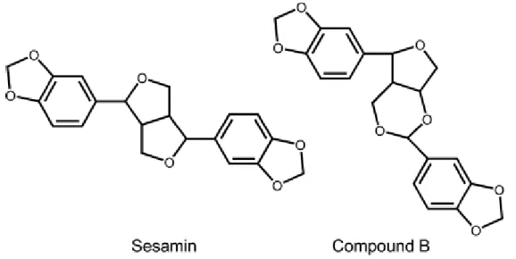 Fig. 1.4 Structures of sesamin and compound B isolated from the methanol extract of C