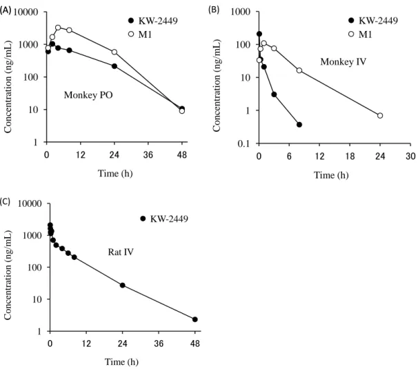 Figure 5  Plasma concentration-time profiles of KW-2449 and M1 in cynomolgus monkey after (A)  100 mg/kg of KW-2449 oral administration and (B) 0.82 mg/kg of KW-2449 intravenous  administration, (C) Plasma concentration-time profiles of KW-2449 in rat afte