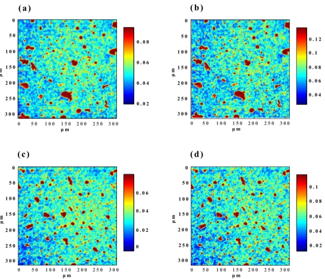 Fig.  4  Microscopic  ATR-IR imaging distribution of oily components  in  Cream 01 and 02; (a) 2852 cm - 1  and (b) 2920 cm - 1  domain in Crea m 01, (c) 2852 cm - 1   and (d) 2920 cm - 1   domain in Cream 02,  which  indicated the distribution of MO and/o