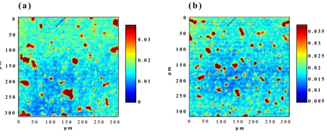 Fig.  5 Microscopic  ATR-IR imaging distribution of oily components,  IPM, in  Cream 01 and 02; 1732 cm - 1  domain in Cream 01 (a) and in  cream 02 (b)