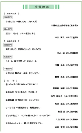 図 平成 22 年度受賞標語 12 ・情報セキュリティサポーター  JNSA 等の地域 NPO 法人等と連携して、情報セキュリティ対策をサポートする人材の育成 や体制整備を支援している。 13 また、文部科学省と連携して、保護者及び教職員を対象に、 子供たちのインターネットの安全・安心な利用へ向けた啓発を目的とした講座を開講して いる。  ○文部科学省  ・情報の漏えい等の防止についての関連情報  Web ページ学校におけるファイル共有ソフトウェアからの個人情報の漏洩を防止するた めの注意喚起と防止対策の情