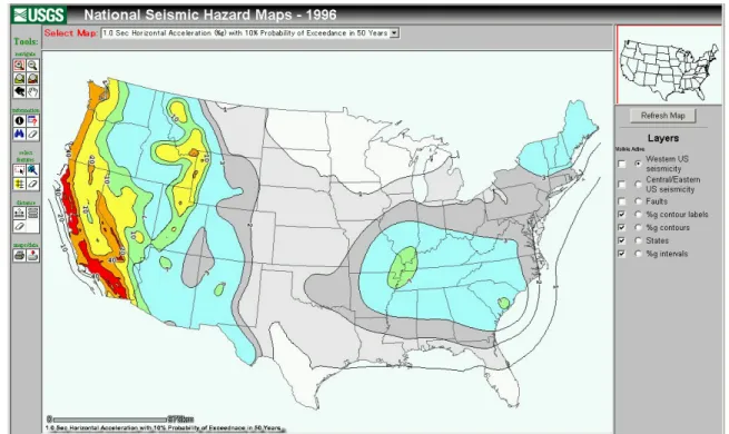 図 2.3.2(b)  USGS による確率的地震危険度マップ（50 年間における 1 秒加速度の 10％超過確率）