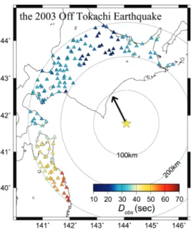 Fig. 3. Distribution of strong-motion duration of the 2003 Off-Tokachi Earthquake [Aoki et al., 2011]