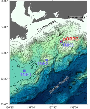 Fig. 4  Location of the newly developed pop-up OBPG (red  triangle) in the trial observation, and cabled OBPGs  (blue squares)