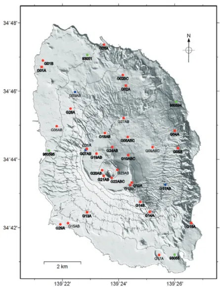 Fig. 1.3.2.1    Locations of GPS observation sites on Izu-Oshima. Red circles are MRI continuous sites, red squares  are MRI campaign sites, blue circles are JMA continuous sites and green circles are GSI continuous sites