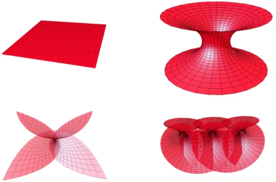 Fig. 1: 平面、Catenoid、Enneper 曲面、Bonnet 曲面 (left to right)