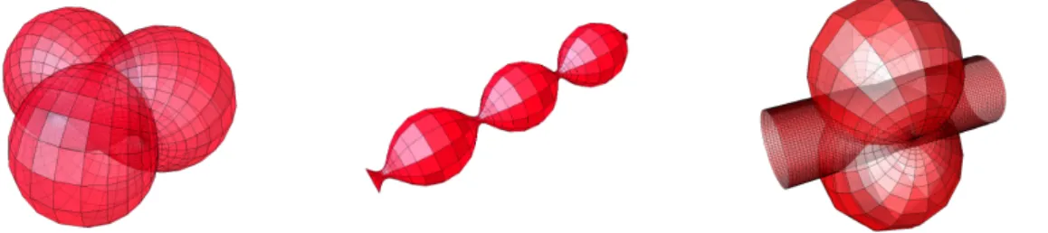 Fig. 2: Wente トーラス、Delaunay 曲面 (Unduloid)、柱面的バブルトン (left to right)