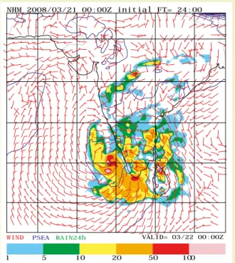 Figure 1. Predicted 24 hour accumulated precipitation,  sea level pressure and surface wind at 24-hour forecast  by NHM with a horizontal resolution of 20 km