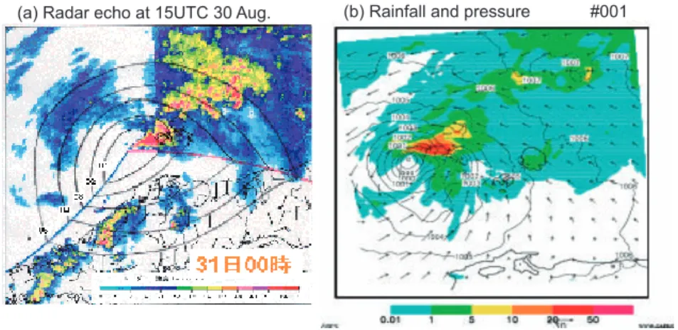 Fig. G-2-5. (a)  Radar reflectivity  at  15  UTC  on 30  August,  and (b)  rainfall (arrows) and pressure distribution (contours) at 15 UTC on  30 August as reproduced by ensemble member #001