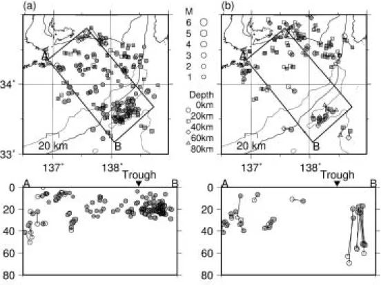 Fig. 1.1.13 Epicenter map and cross section of hypocenter determined by OBS stations and coastal stations.