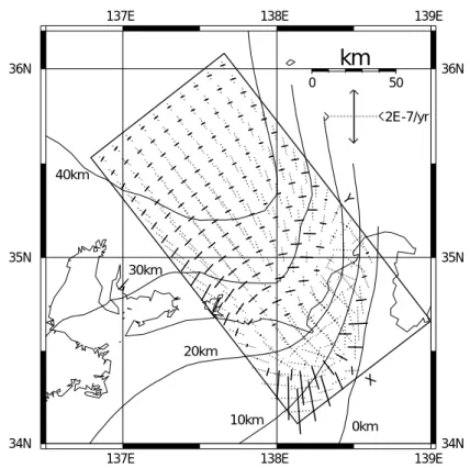 Fig. 3.2.2 Distribution  of  principal  strain  rate  on  the  Earth's  surface  for  100  years before  the  earthquake.  The  solid  lines  denote  extension,  and  the  dotted lines denote compression. The solid curves are contours of interface depth.
