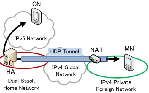 図 2.4 Dual Stack Mobile IPv6 における通信経路  