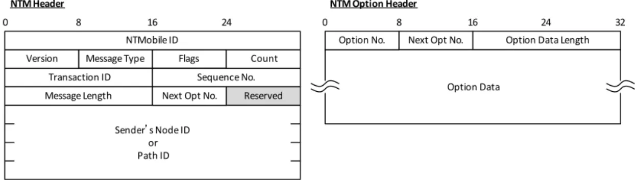 図 A.1 に NTMobile のメッセージに付加される NTM ヘッダとヘッダオプションのフォーマット を示す．
