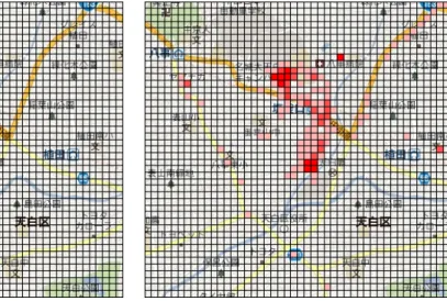 図 5.5 24 時〜 7 時の行動範囲 図 5.6 7 時〜 24 時の行動範囲 しかし，試作実装では管理サーバが一度でも無色のエリア（一度も位置情報を取得し ていないエリア）を受信した場合，徘徊行動と検出してしまうため，今後は長時間存在 確率の低いエリアに滞在した場合のみ徘徊行動と検出できるよう実装する．また，現状 のプログラムではネットワーク環境から取得した位置情報の内，精度の悪い位置情報も 通常行動範囲学習及び行動判定処理を行なっているため，実際に滞在していない部分を 徘徊行動と検出されている．今後