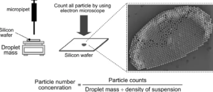 Figure  8　An  overview  of  the  total-counting-type  microscopic  method;  particle  number  concentration  of  liquid  suspension  containing diameter standard particles is calibrated.