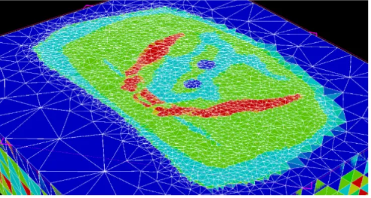 Fig. 1    Example of mesh    繰り返し処理の中で,  一時的に計算された各画素の変形ベクトルから各節点の変形ベクトルを計算 し,  ある節点を中心とし接続する周辺節点と作る四面体要素の集まりの体積から一時的な変形ベクト ルを引き戻す量を計算する